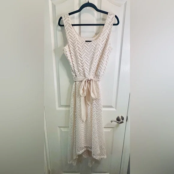 AUW | Dresses | Auw Cream Lace Accented Asymmetrical Fully Lined Midi  Belted Dress | Poshmark